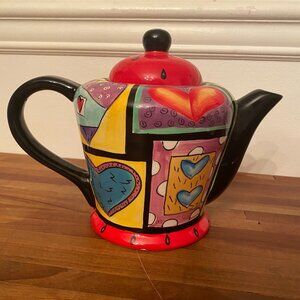 Teapot Hand Painted Ceramic Colorful Patchwork Hearts Print by Naylor Designs